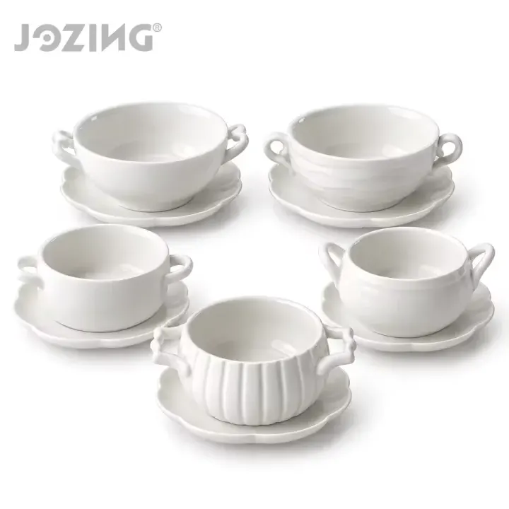 White Ceramic Double-Handle Soup Bowl and Scalloped Saucer Set