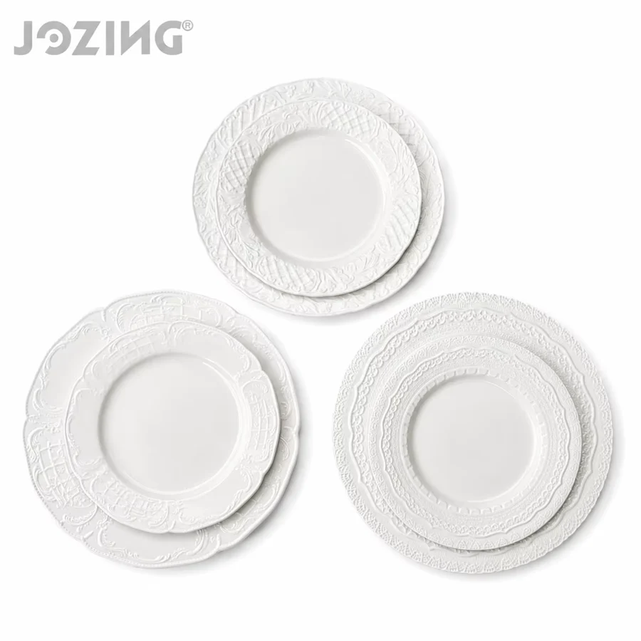 Wholesale Vintage Embossed White Ceramic 8-inch and 10-inch Dinnerware Set for Wedding product view