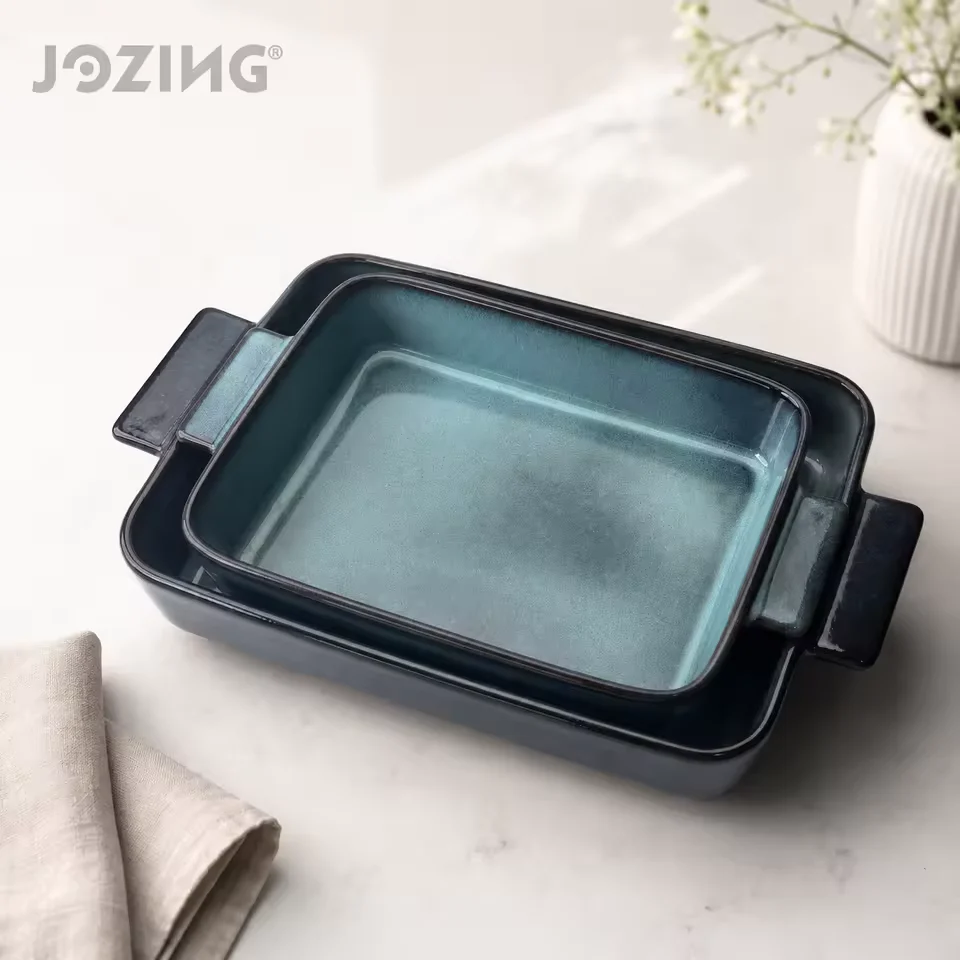 Dark Cyan Reactive-Glaze Rectangular Ceramic Baking Dishes product view