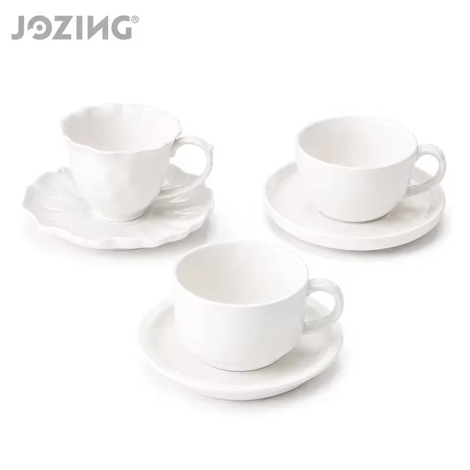 250ml White Ceramic Coffee Cup and Saucer Set in Three Styles