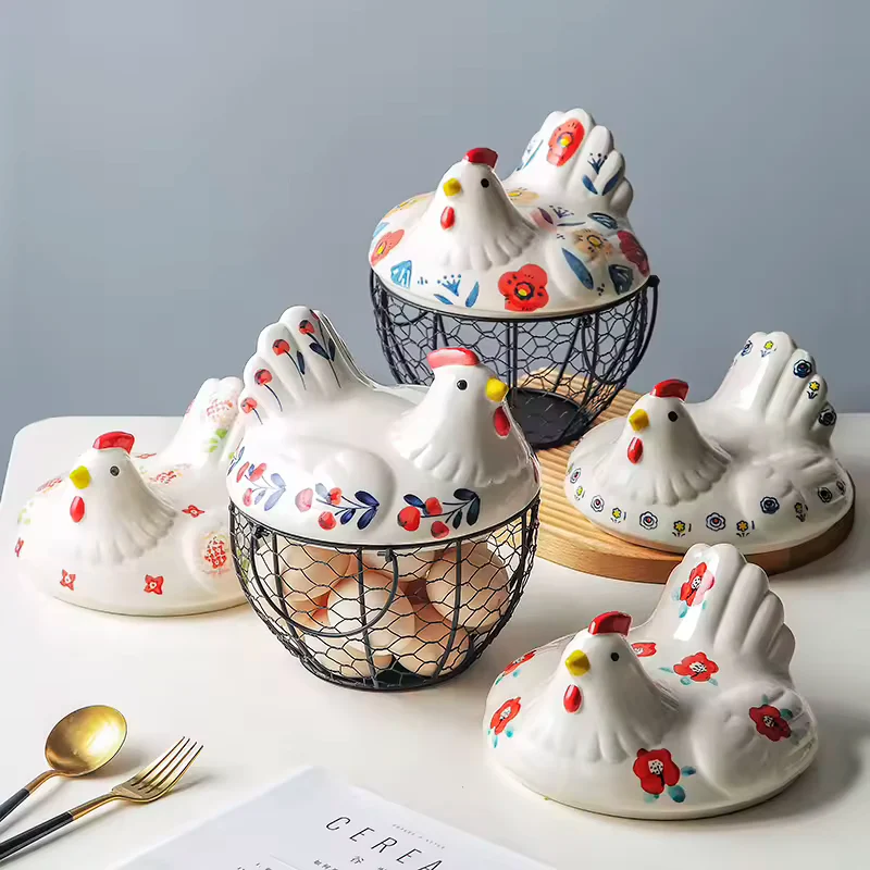 Ceramic Hen Egg Storage Basket with Iron Wire Base product view