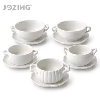 White Ceramic Double-Handle Soup Bowl and Scalloped Saucer Set