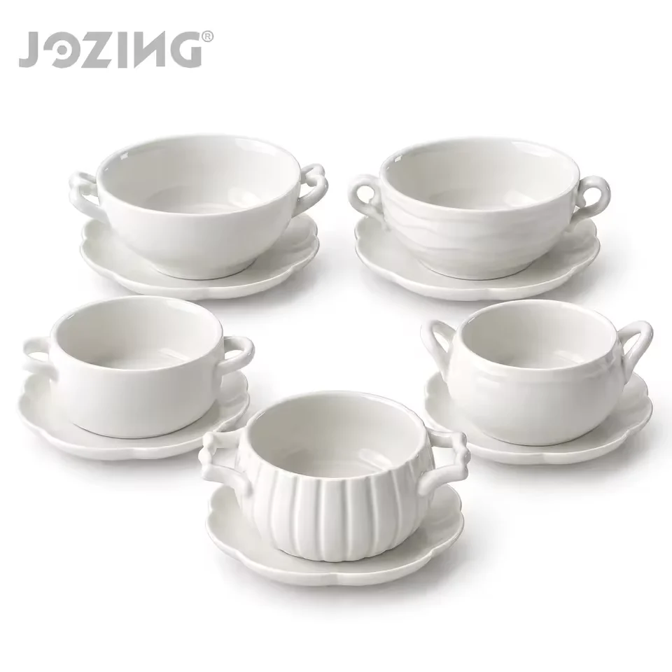 White Ceramic Double-Handle Soup Bowl and Scalloped Saucer Set