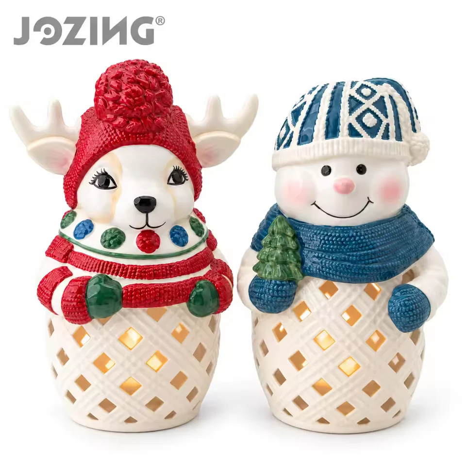 Christmas Reindeer and Snowman Ceramic Candle Holders