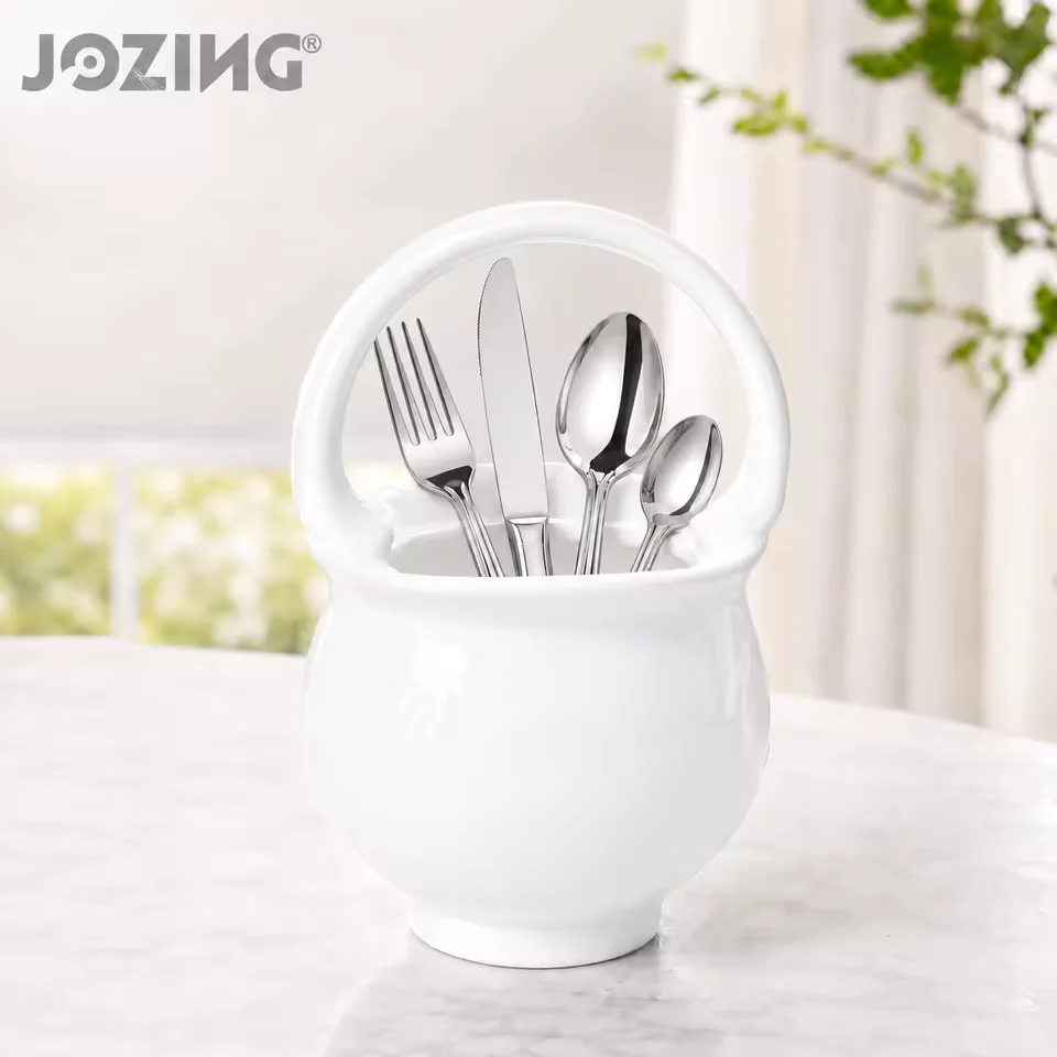 White Ceramic Basket Vase with Handle product view