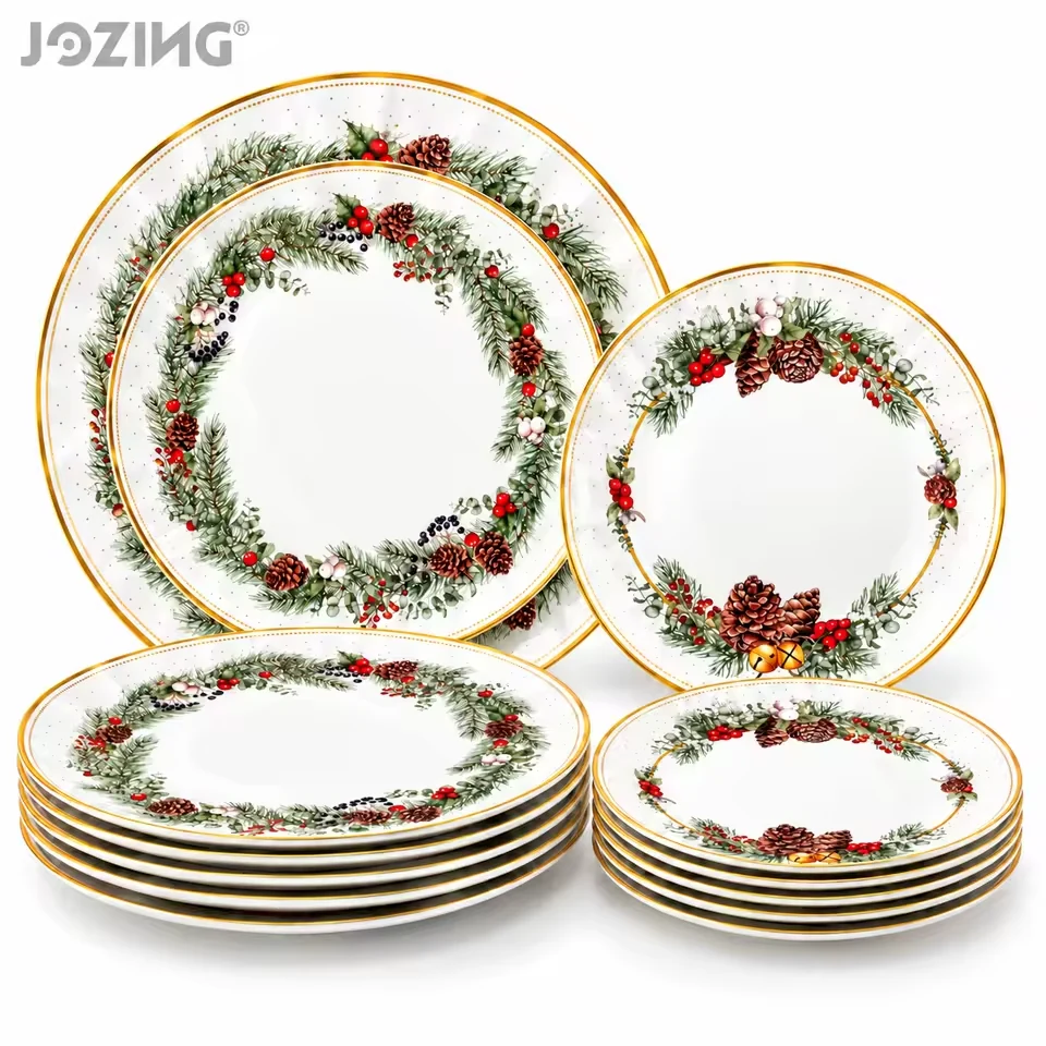 Wholesale Gold-Rim Christmas Porcelain Plate Sets With Pinecone Wreath product view
