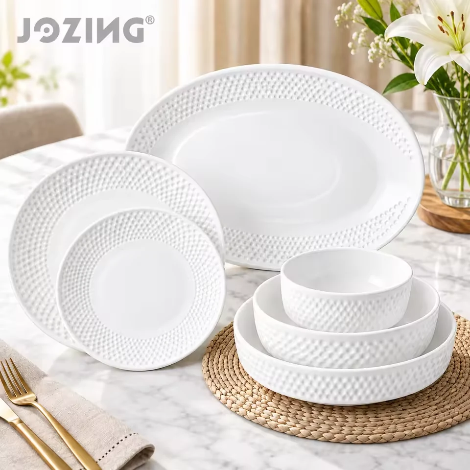 Wholesale White Porcelain Beaded-Rim Plates Bowls And Oval Platters