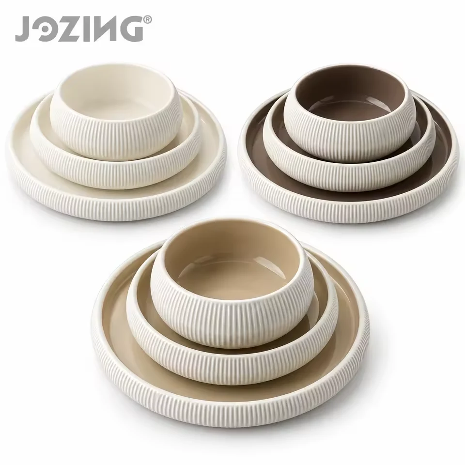Wholesale 3-Piece Ribbed Ceramic Dinnerware Set With Two-Tone Glaze