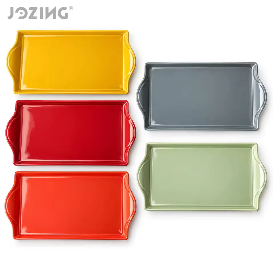 Colorful Rectangular Ceramic Serving Platter With Curved Handles