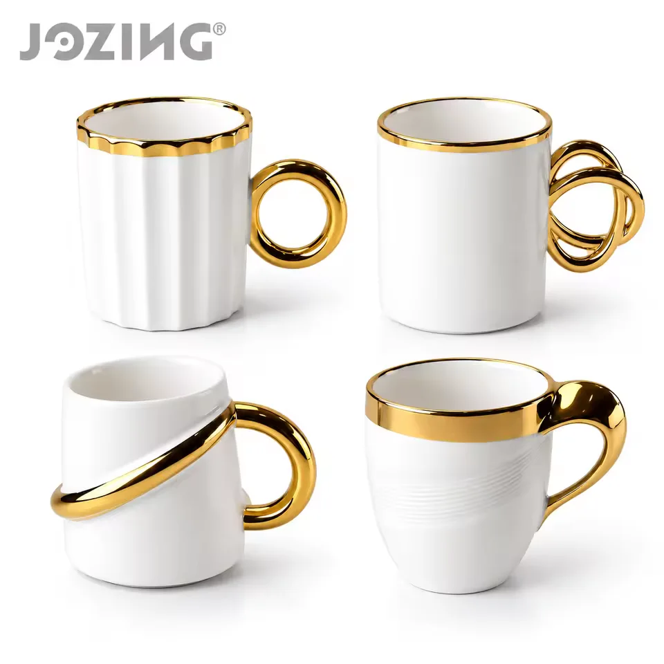 Wholesale 350ml White Porcelain Mugs with Gold Rim and Handles