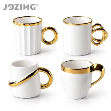 Wholesale 350ml White Porcelain Mugs with Gold Rim and Handles
