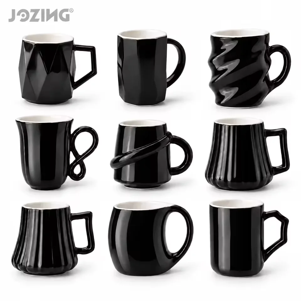 Wholesale 10oz Black Glossy Ceramic Mugs in Modern Textured Designs