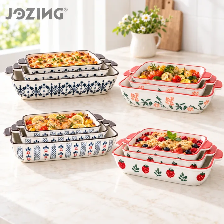 3-Piece Rectangular Ceramic Baking Dish Set – Blue & White Floral