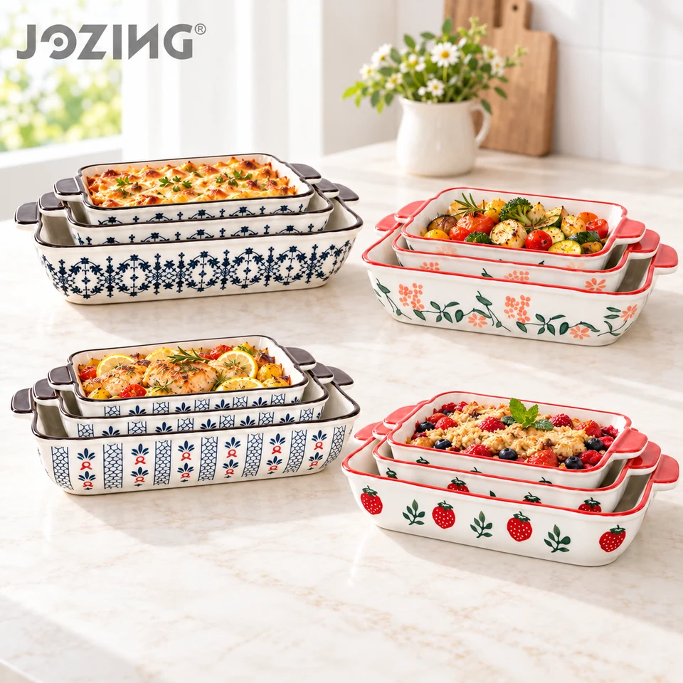 3-Piece Rectangular Ceramic Baking Dish Set – Blue & White Floral