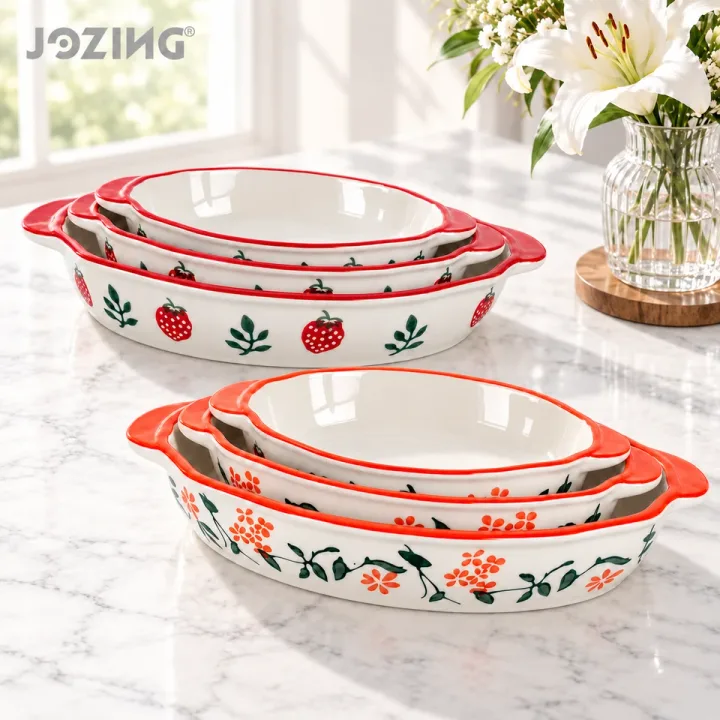 3-Piece Oval Ceramic Baking Dish Set – Strawberry & Floral