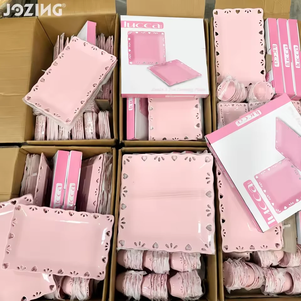 Romantic Heart Lace Pink Ceramic Dessert Plate Set Sell by Cartons product view