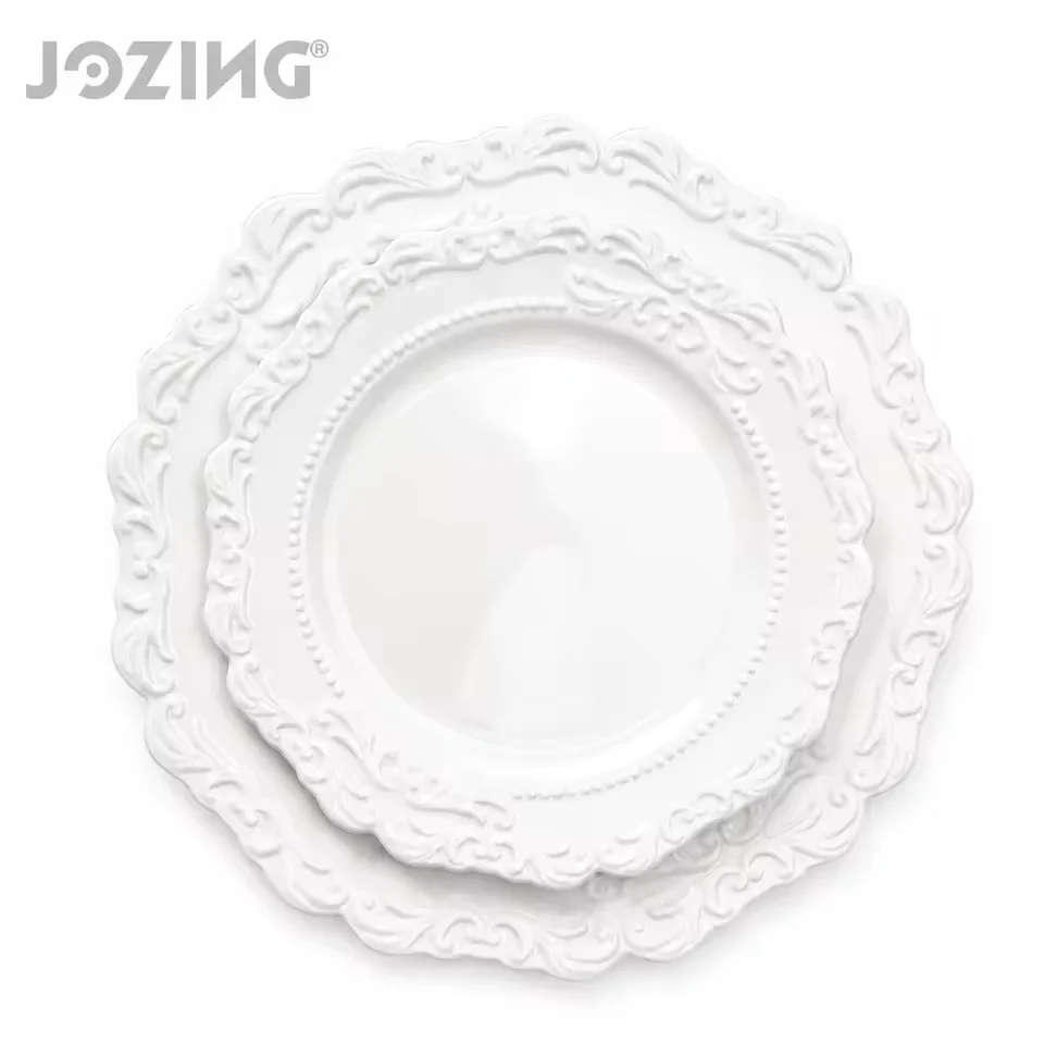 Baroque White Ceramic Plates with Embossed Scroll and Beaded Rim product view