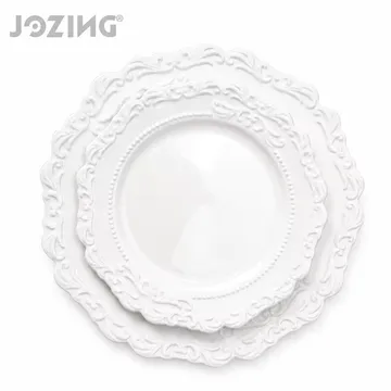 Baroque White Ceramic Plates with Embossed Scroll and Beaded Rim