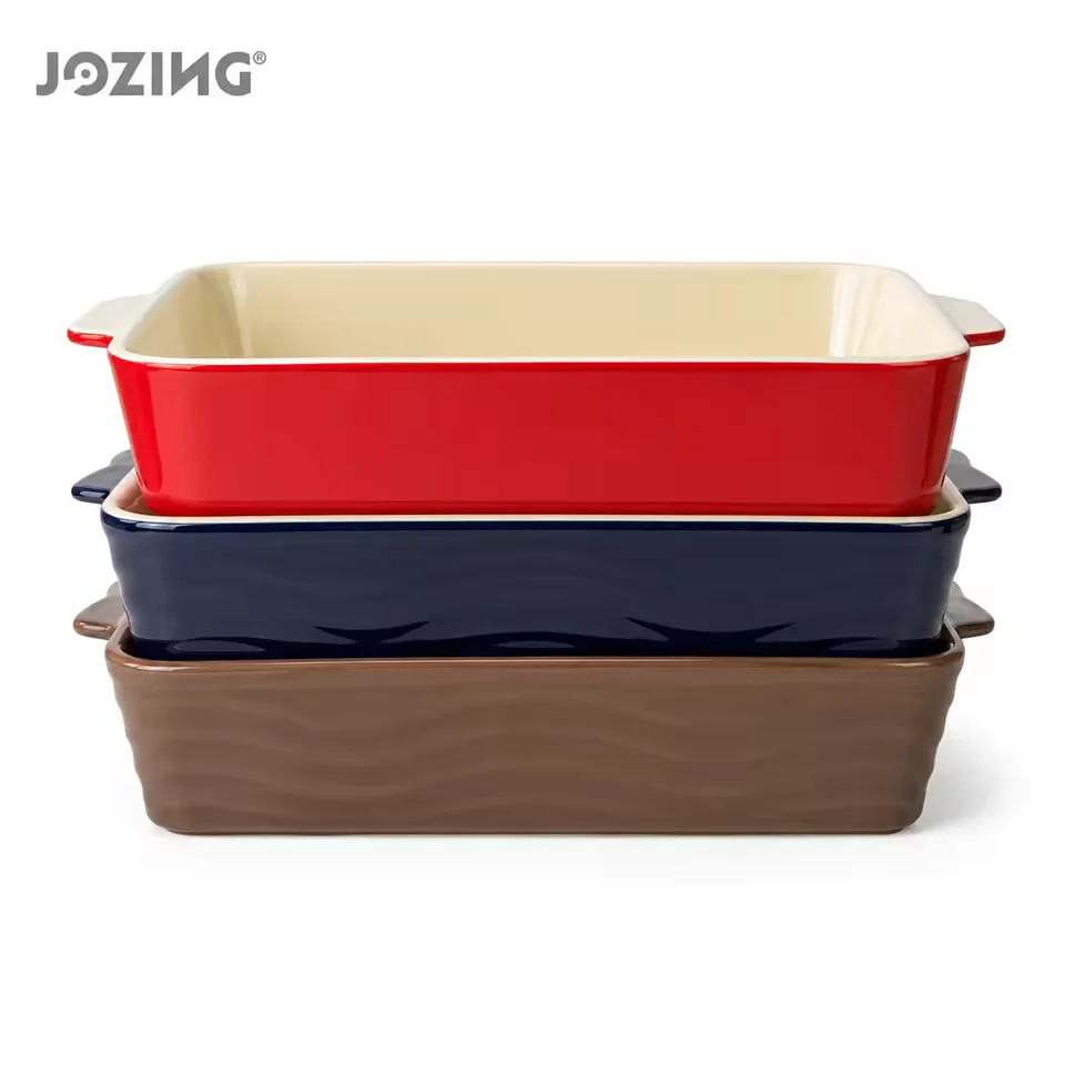 14inch Rectangular Ceramic Baking Dish in Red Navy and Brown product view